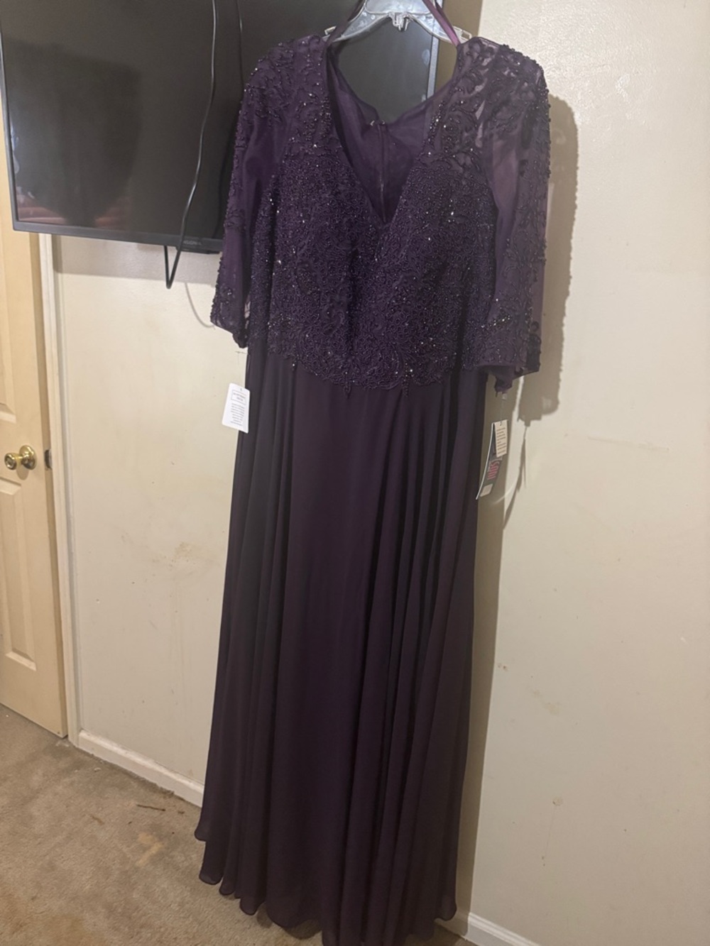 Beaded V-Neck Lace Bodice Maxi Dress in Deep Purple